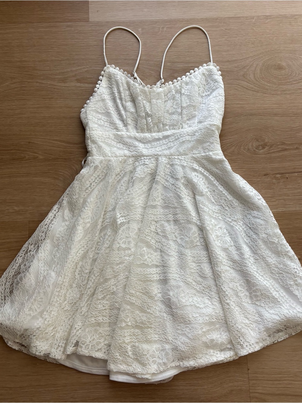 Hello Molly White Lace Dress with Pom Trim